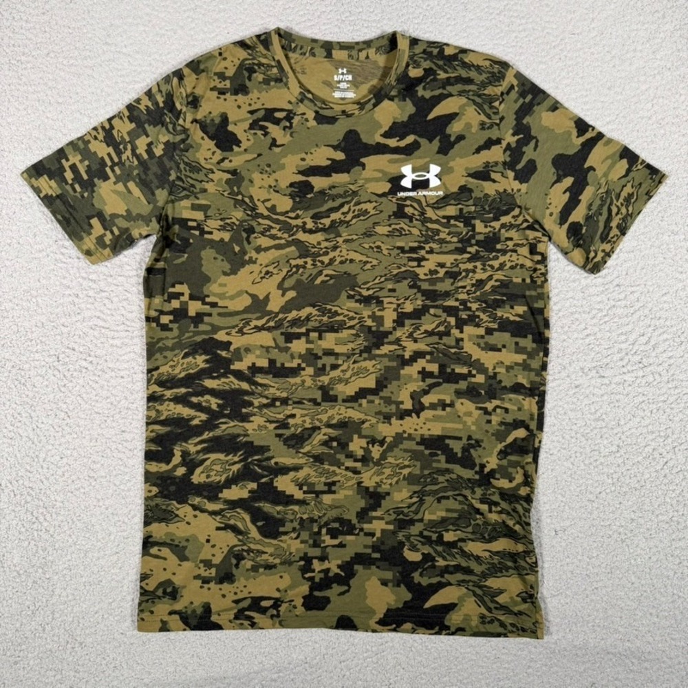 Under Armour Shirt Mens Small Green Camo Cotton Blend Casual Preppy Logo Stretch